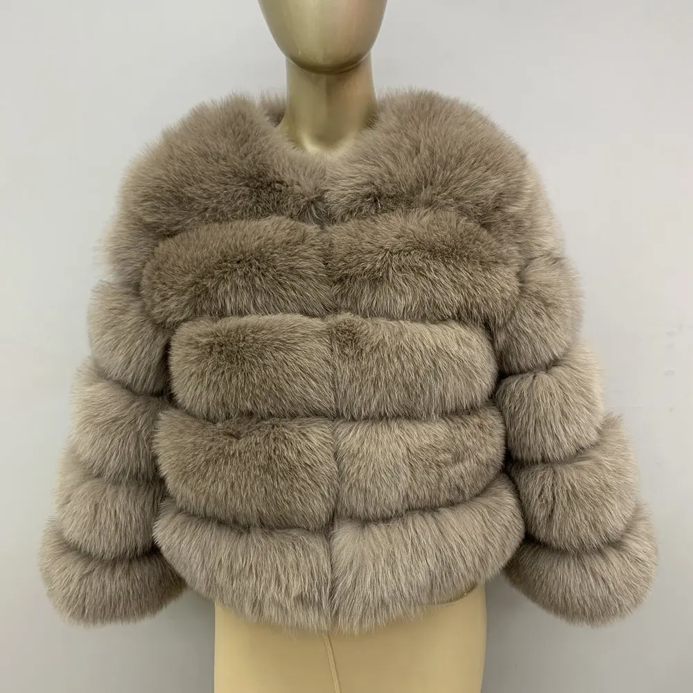 Новинка, стильное зимнее женское меховое пальто, длина 50 см, настоящая Лисий кожа, куртка, высокое качество, Лисий мех, Круглый ворот, теплая куртка - Цвет: Light khaki