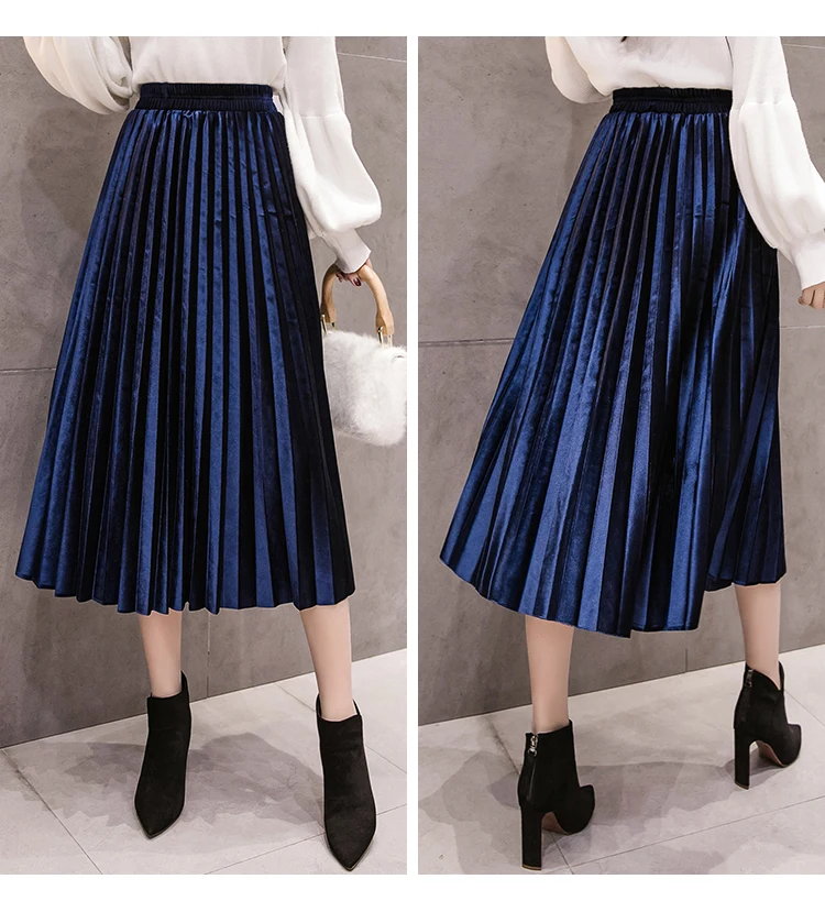 Autumn Winter Velvet Skirt High Waisted Skinny Large Swing Long Pleated Skirts Metallic Plus Size 3XL Midi Saia