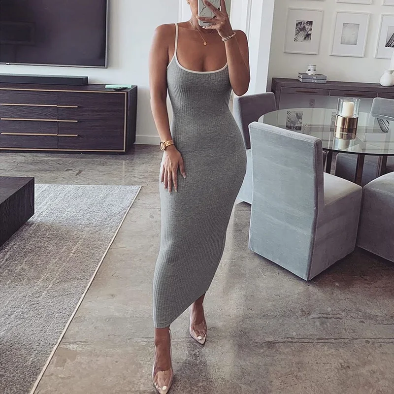 Autumn Women Bodycon Sheath Dress Sexy Knitted Cotton Spaghetti Strap Sleeveless 2019 Casual Slim Midi Dress Black White Gray  (2)