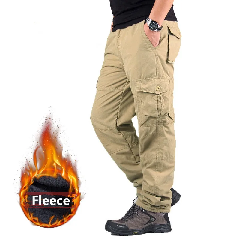 Men's Cargo Fleece Pants Double Layer Winter Thick Warm Pants Overalls Casual Cotton Rip-Stop Military Tactical Baggy Trousers - Цвет: Khaki-2