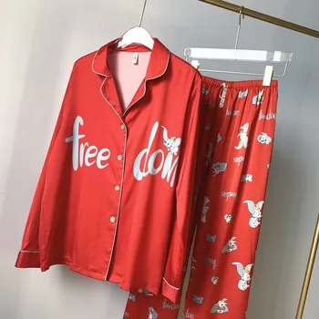 

Fiklyc New Pajamas Women Spring Ice Silk Long-Sleeved Cartoon Thin Section Summer Loose Two-Piece Suit Home Service