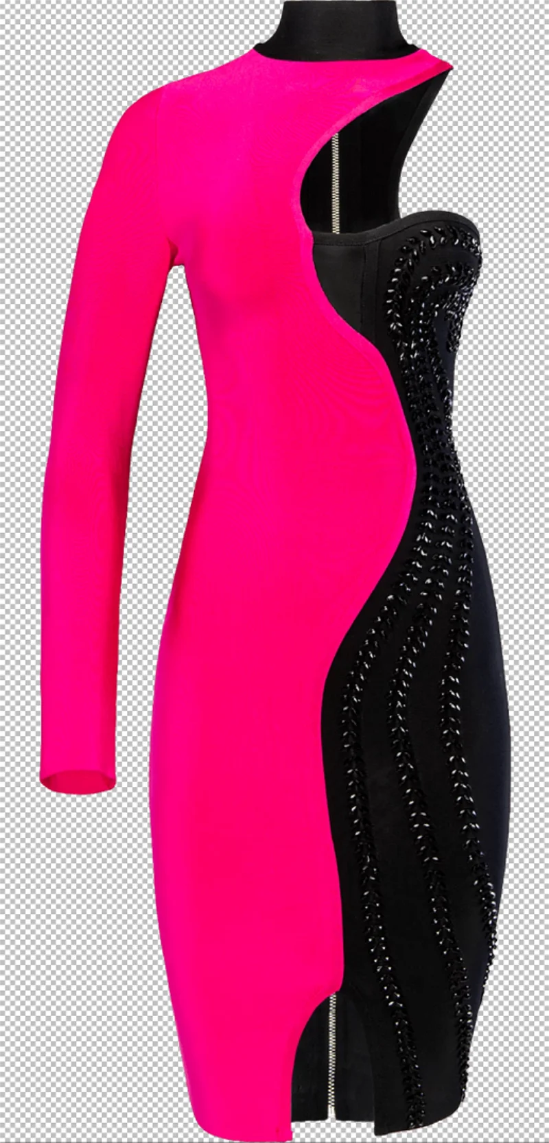 Europe and the United States autumn new long sleeved irregular shoulder stitching hot drilling knee knee bandage dress sexy fas