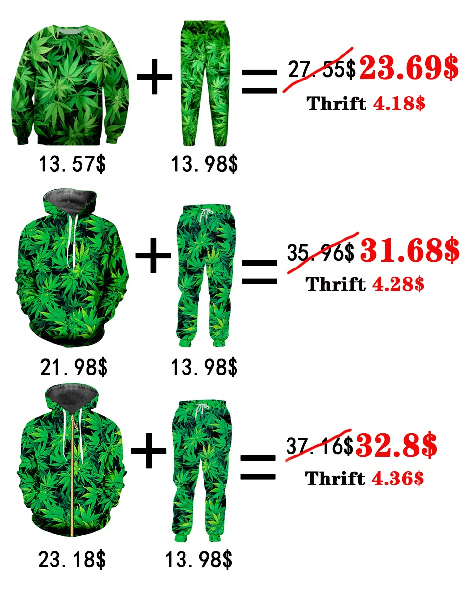 UJWI Повседневная Уличная толстовка и брюки Feuille зеленый лист конопли 3d худи пуловеры для мужчин/женщин спортивный костюм