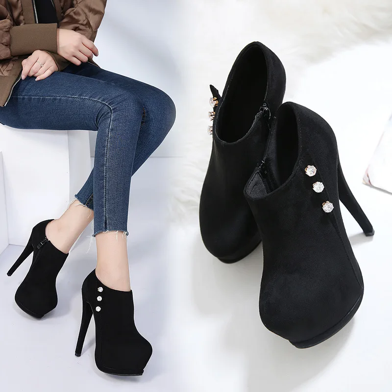 

Round Toe Crystal Clogs Platform Brand Women's Shoes Bootee Woman 2019 Boots Female Winter Booties Ladies Zipper Rhinestone