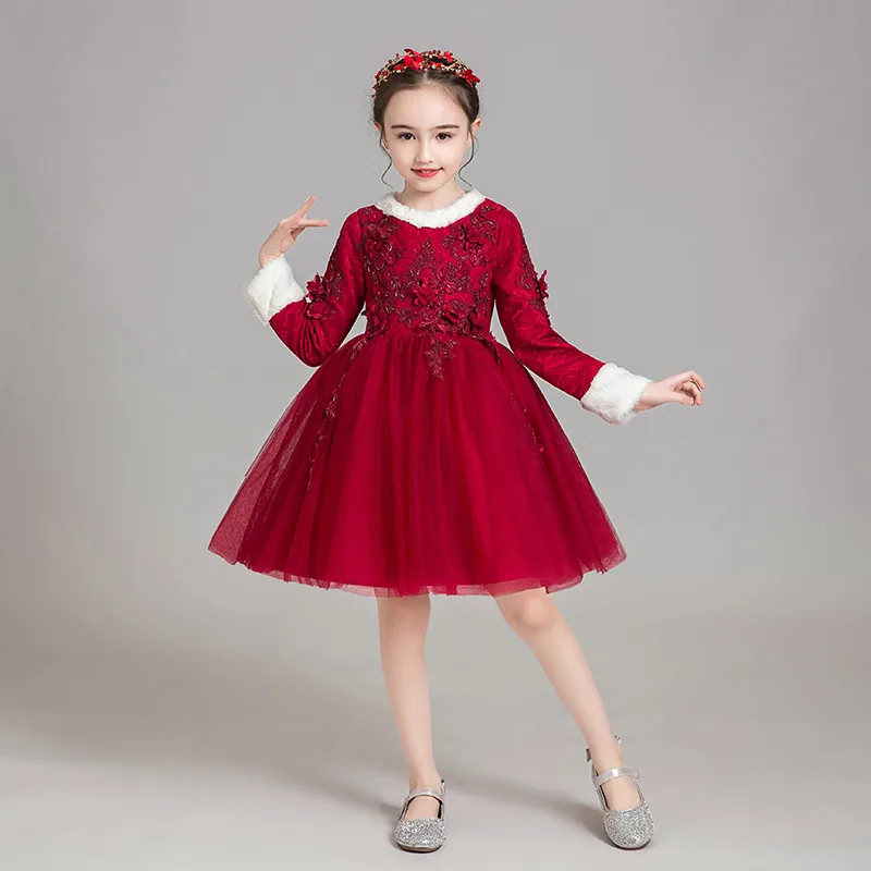 Милое платье для маленьких детей, милое платье для дня рождения, вечеринки, выпускного вечера, цвета красного вина, розового цветов теплое платье с длинными рукавами для маленьких девочек