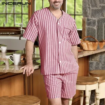

INCERUN Fashion Striped Sleepwear Suits Mens Striped Pajamas Sets Summer V Neck Blouse Drawstring Shorts 2 Pieces Homwear S-5XL