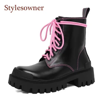 

Pink Lace-Up Martin Boots All Match Round Toe Square Heel Thick-soled Casual Short Ankle Boots New Fashionable Motorcycle Boots