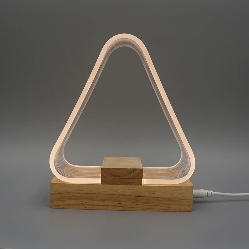 3D Nordic Style Desk Lamp USB Rechargeable Dimmable Warm White Geometric Modeling Acrylic LED Night Light Wood Base