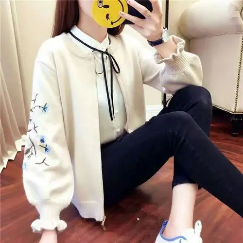 white Neploe, тонкий кардиган, свитер, новинка, Mujer, пальто, женский кардиган, вышивка, цветочный рисунок, длинный рукав, вязаный кардиган, Feminino, топы, 45444 - Цвет: white