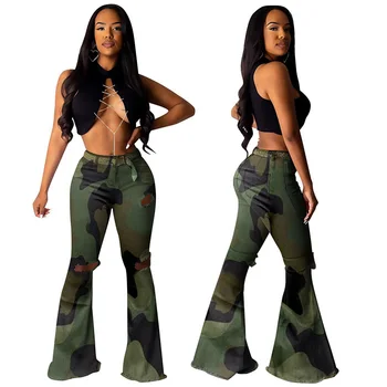

2020 Spring Womne Pants Boot Cut Sweatpants Women High Elasticity Camouflage Leopard Print Long Wide Pants Hollow Out 3 Color