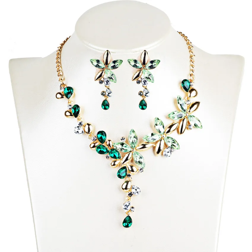 Дубайские Золотые Ювелирные наборы для женщин, модные серьги, очаровательное женское ожерелье, цветной кристалл, Свадебный Модный Ювелирный Набор для вечеринки