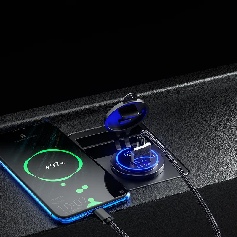 USB 차량용 충전기 PD 타입 C QC 3.0 고속 충전 전원, 스위치 포함, 범용 오토바이 자동차 트럭 RV ATV 보트, 60W