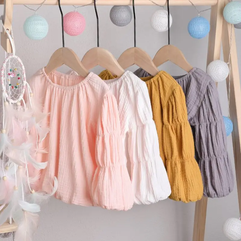 Весенняя блузка для девочек; осенние хлопковые рубашки; однотонная детская блузка с длинными рукавами и пышными рукавами для девочек; Топ; детская одежда; Лидер продаж; Новинка