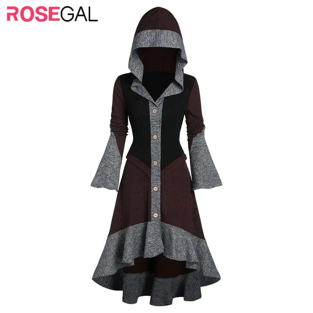 

fashion Autumn Women Hooded Contrast Ribbed Flare Sleeve Button Up High Low Cardigan Flippy Hem A Line Skirted Cardigan Daily