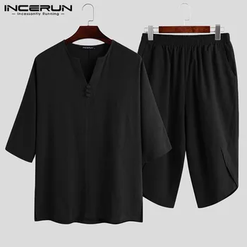

INCERUN Chinese Style Men Sets Half Sleeve Solid Color Cotton Vintage Calf Length Pants Streetwear Summer Casual Men Suits 2020