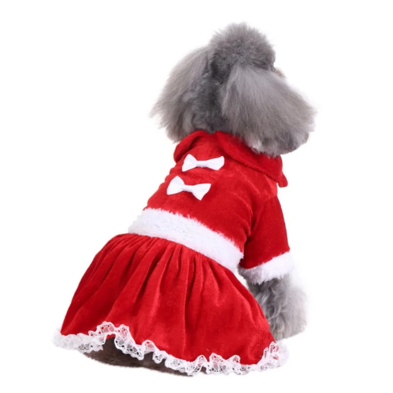 New Warm Christmas Dress Lovely Red Bow Puppy Skirt Pet Dog Lace Cotton Xmas Dog Costume Yorkie Chihuahua Cat Clothes Winter