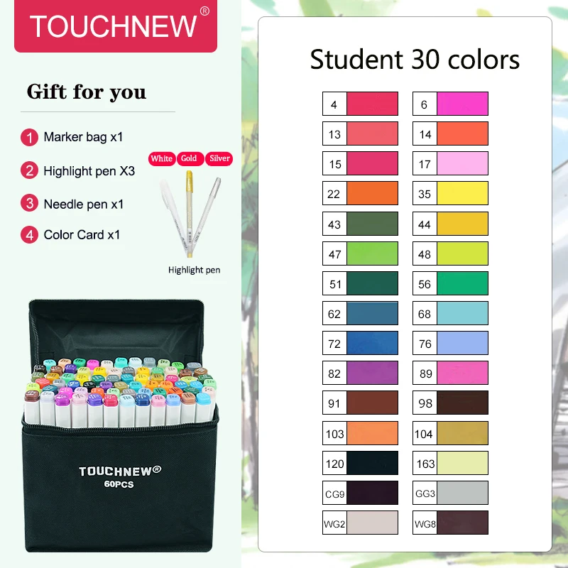 TouchFIVE маркер ручка набор 40/60/80/168 Цвет анимация маркер для рисования с двумя головками рисунок художественная кисть ручки на спиртовой основе с 6 подарки - Цвет: W6th30ColorStudent