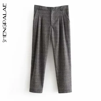 

SHENGPALAE 2020 New Fashion Women's Office Ladies Loose Slimming Casual Straight All-match plaid Button Suit Pants ZA3891