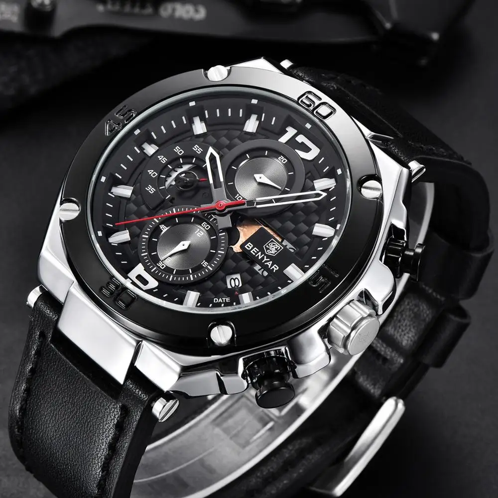BENYAR 2023 New quartz men's watches fashion leather men wrist watch military waterproof chronograph watch men Relogio Masculino