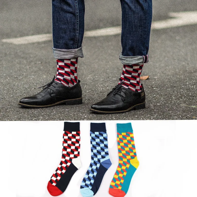 New European and American tide socks pure cotton plaid men's tide socks leisure breathable happy socks hot sales