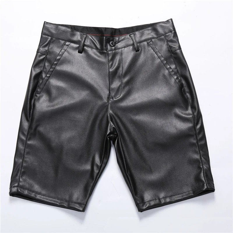 Summer New Mens Casual Trend Stretch Leather Loose Shorts Man Punk Hip Hop Streetwear Five-point Pants Male Thin Black Six Pants