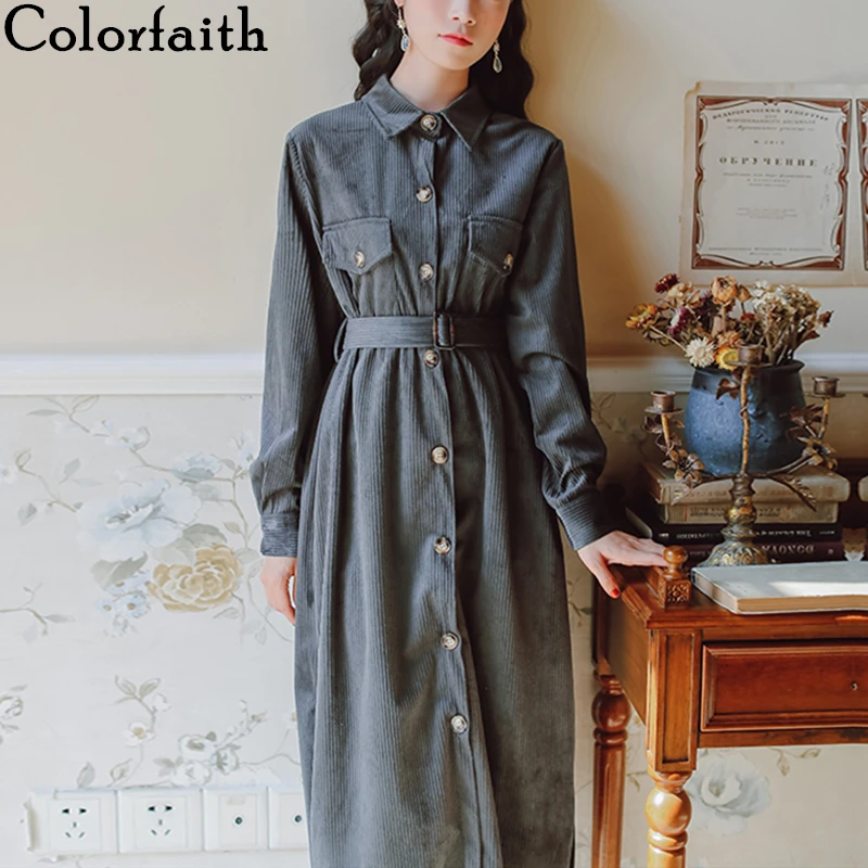 Colorfaith, новинка, весна-осень, женское платье, вельветовое, с отворотом, с поясом, карманами, однобортное, одноцветное, элегантное, с высокой талией, платье DR838