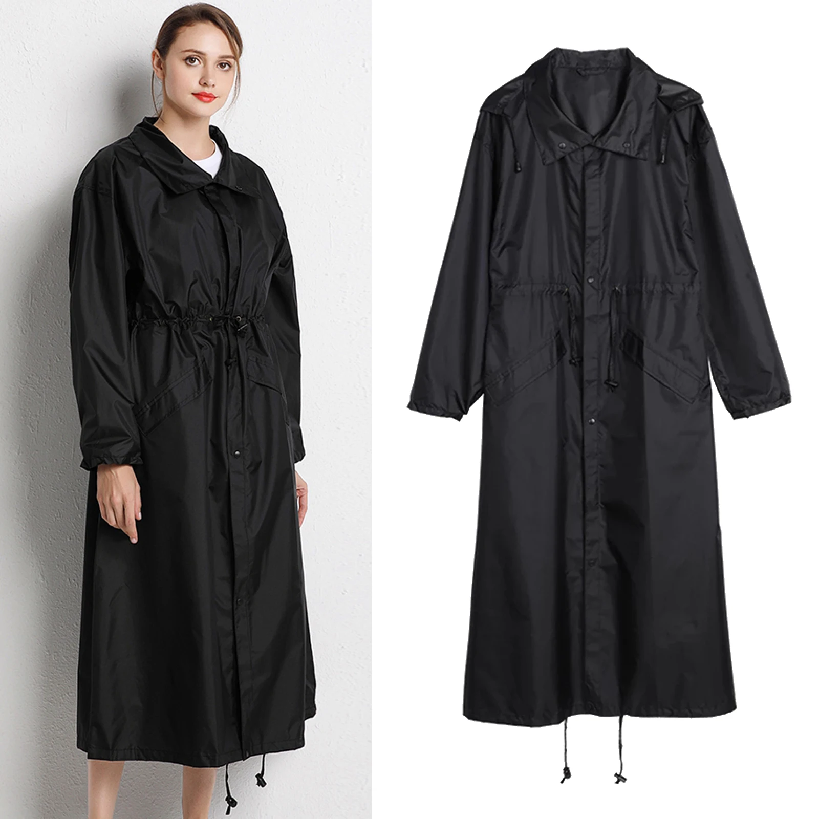 Women's Rain Jacket Long Raincoat Lightweight Hooded Long Sleeve Windbreaker Waterproof Zipper Jackets with Pockets