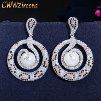 

CWWZircons Top Shiny Mixed Color Cubic Zirconia Leopard Snake Round Dangle Earrings With Pearl Luxury Women Party Jewelry CZ634