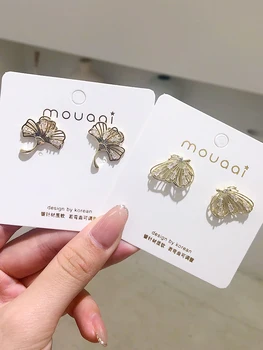 

Double-Layer 925 Silver Needles Hollow Ginkgo Leaf Wings Golden Zircon Alloy Stud Earrings for Women