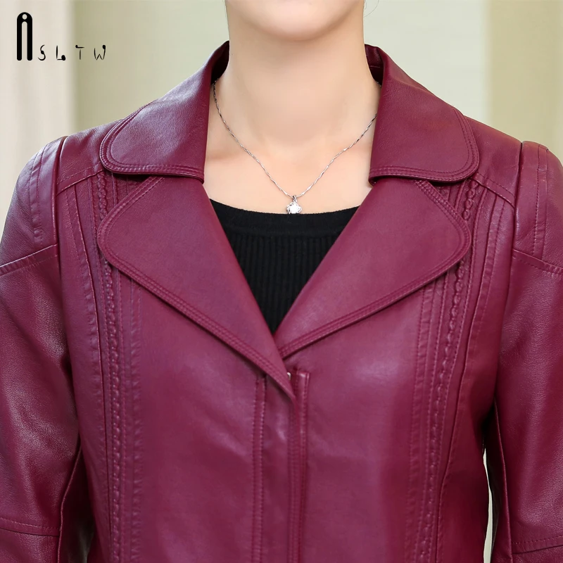 ASLTW XL-6XL кожаная куртка Женская Новая мода размера плюс воротник с лацканами на молнии искусственная куртка пальто с длинным рукавом женская кожаная куртка