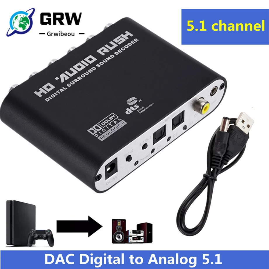 USB 5 1 канальный стерео аудио конвертер AUX 3 мм до 6 RCA DAC цифро-аналоговый оптический