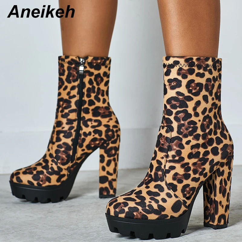 

Aneikeh 2019 NEW Autumn Novelty Flock Women's Boots Leopard Grain Ankle Chelsea Round Toe Zip Party Dance Square Heel Size 35-42