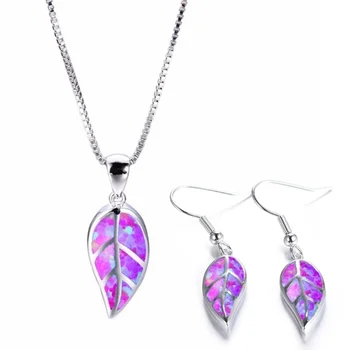 

Silver Plated 4 Colors Opalite Opal Pendant Leaf Shape Necklace Drop Earrings for Elegant Women Jewelry Sets