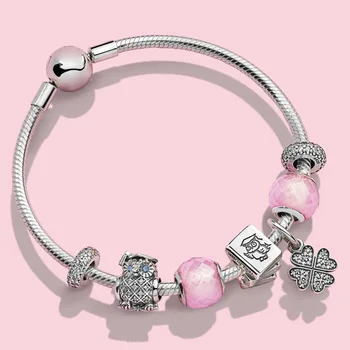 

100% 925 silver sterling study book four-leaf symbol of luck harpsichord on love hanging graduated charm owl bracelet together