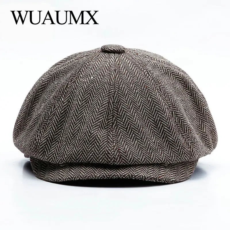 Wuaumx, винтажные мужские береты, шапка в елочку, восьмиугольная шапка, Осень-зима, тыквенная шапка, плоский берет, шапки, ретро восьмиугольная шапка