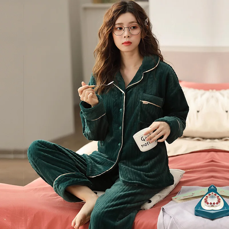 

Pajamas Women's Autumn and Winter Models Flannel Thickening and Velvet Winter Warm Cardigan Feminine Set 2 Piece
