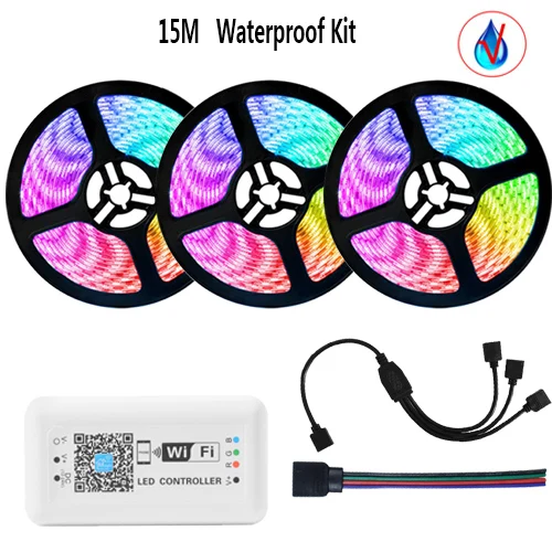 15M Waterproof 15 м wifi лента 5050 RGB Светодиодная лента 60 светодиодный/м 12 В 5 м/рулон работает с Alexa Google Home 10 м 5 м Водонепроницаемый умный ленточный светильник без адаптера - Испускаемый цвет: 15M Waterproof