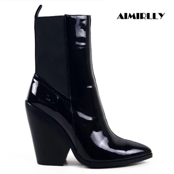 

Women Shoes Pointed toe Ankle Boots Block Heel Western Cowboy Booties Suede & Patent Patchwork Fashion Slip On Black