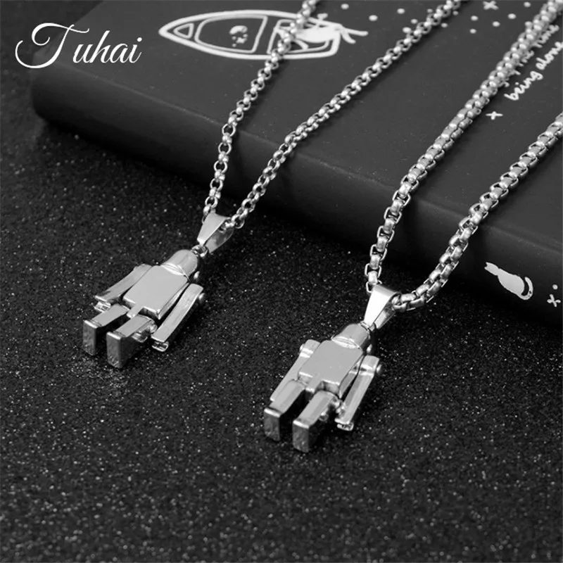 

Silver Color Stainless Steel Chain Necklace with Cute Robot Charms Pendant Sweater Jewelry for Men Women Gifts
