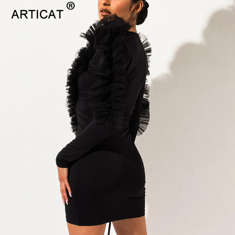 Articat Ruffles Mesh Patchwork Sexy Dress Women Deep V Neck Long Sleeve Slim Autumn Dress Elegant Short Party Club Dress