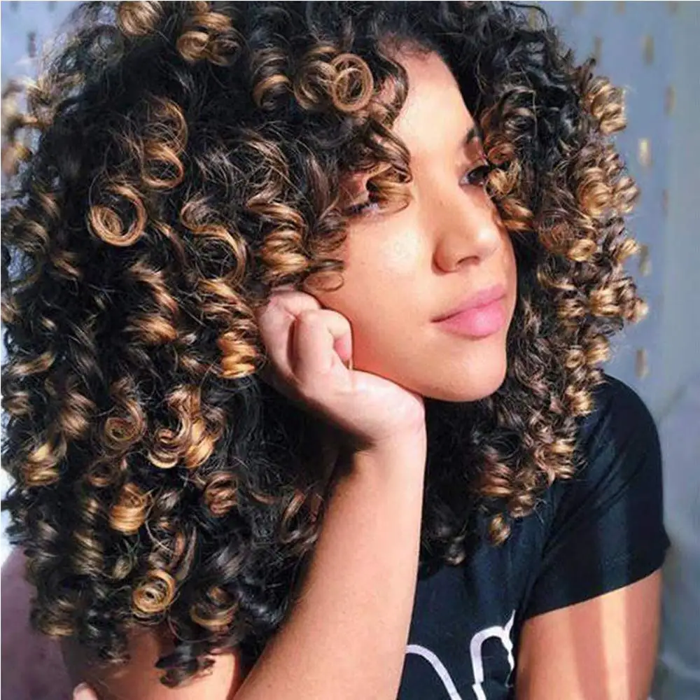 

Curly Wig with Bangs for Black Women Short Kinky Curly Wig Afro Wig with Bangs Synthetic Curly Wig 12 Inch