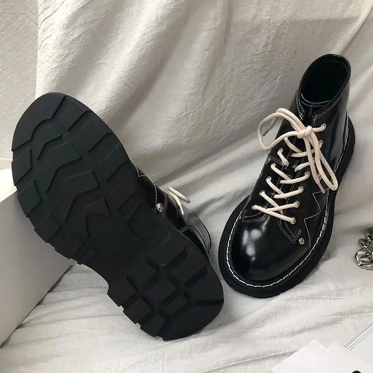 Мотоциклетные ботинки; женские кожаные ботинки на толстой подошве; Новинка года; сезон осень; черные ботинки - Цвет: black white sewing