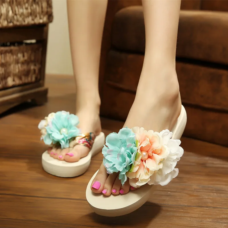 

New Style Handmade Sewing Flower Summer Flip-flops WOMEN'S Slippers Elegant Women's Flip-flops Semi-high Heeled Slanted Heel San