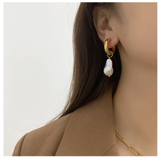 Titanium with 18K Gold Geo Faux Baroque Pearl Drop Earrings