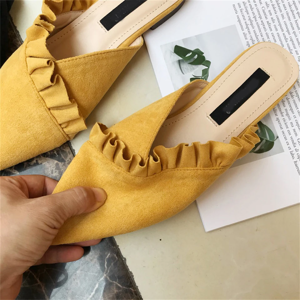 

Pointed lotus leaf half slippers Mules shoes 2019 summer autumn fashion comfortable flat bottom female slippers women shoes
