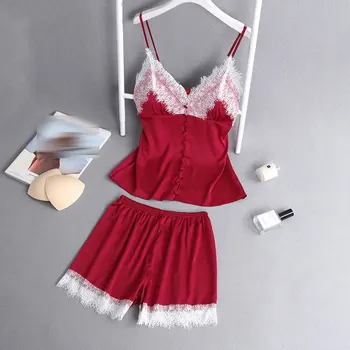

2019 Women's Sleepwear Sexy Satin Pajama Set White Lace V-Neck Pyjamas