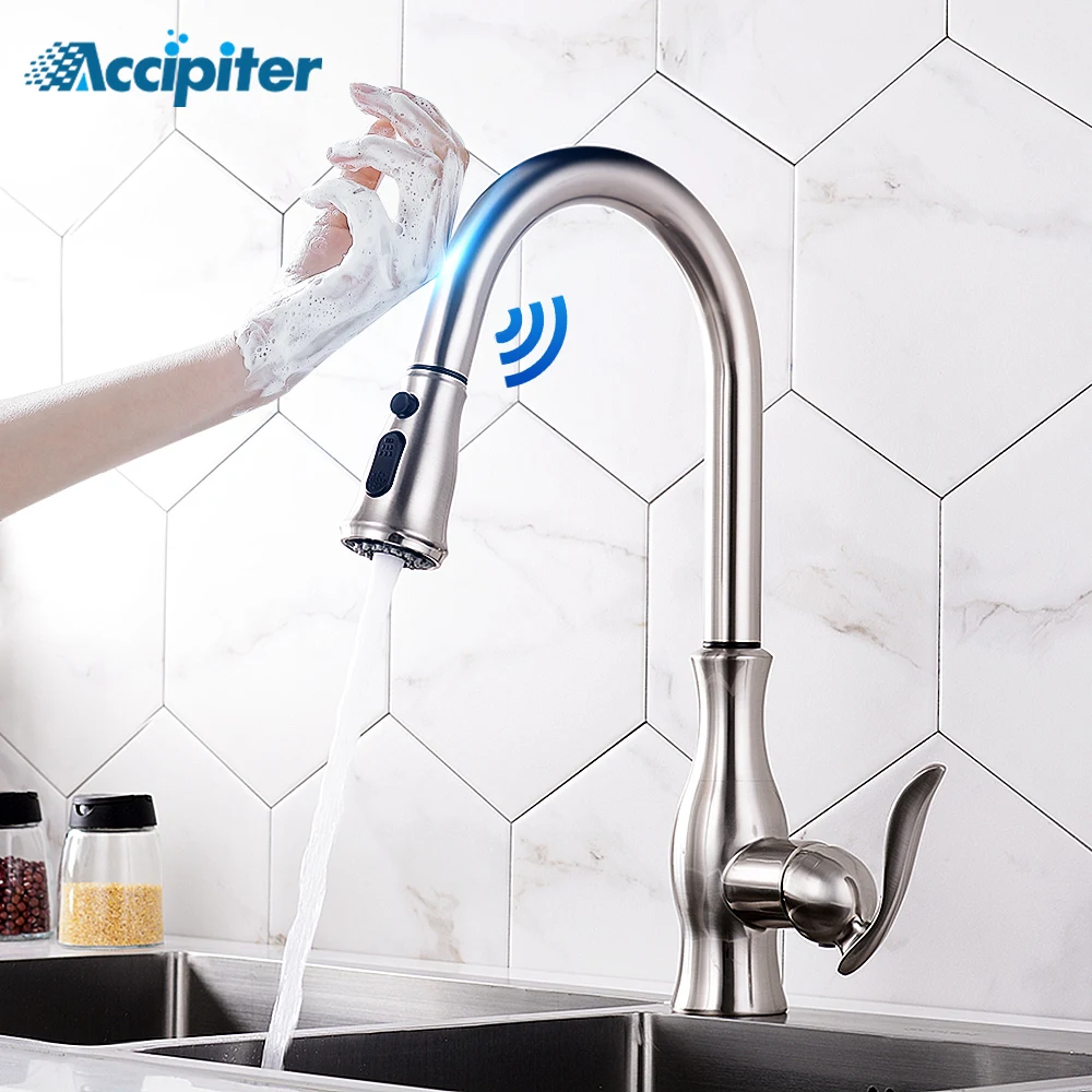 Pull Out Brush Nickel Sensor Kitchen Faucet Touch Control Sink Tap Smart Induction Mixed High Arc Chrome Taps | Обустройство дома