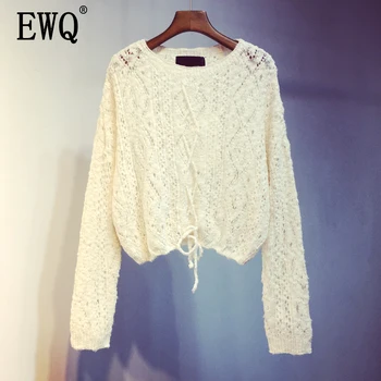 

[EWQ] 2020 Spring Autumn New Hollow Out Full Sleeve Round Collar Wild Elegant Office Lady Thin Women's Pullover Sweater TX617