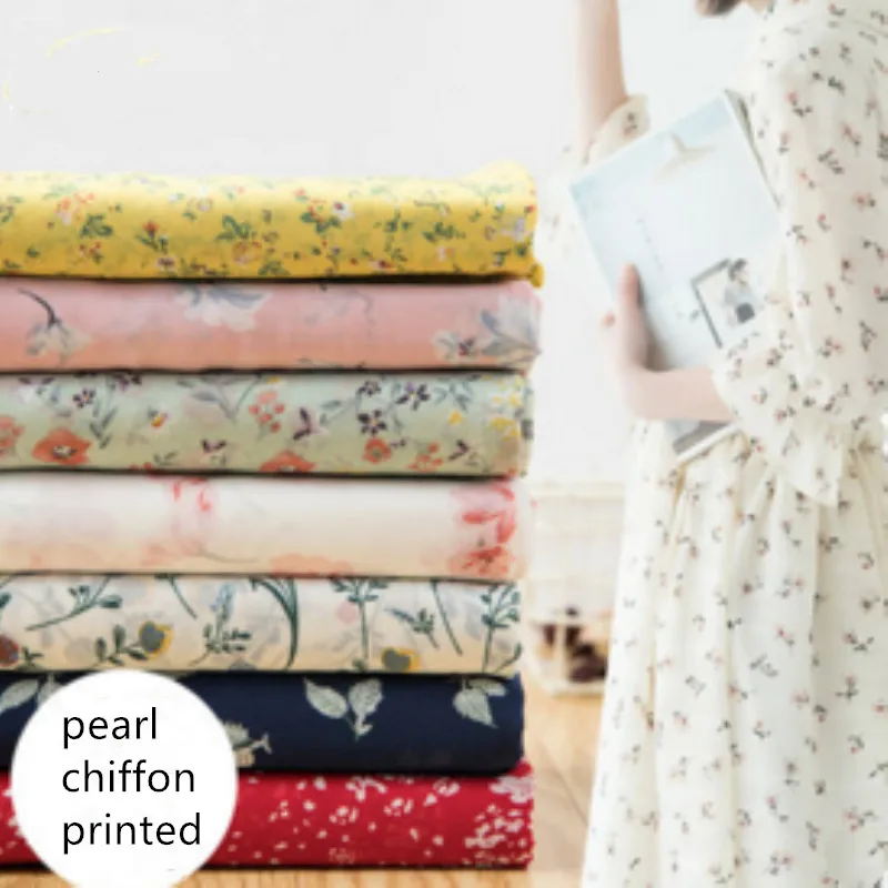 

1 meter pearl printed chiffon fabric for summer dress garment sprint and summer fashion tissue T527