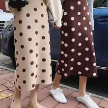 Женские осенне-зимние вязаные юбки с высокой талией, повседневные Мягкие миди юбки с разрезом, винтажные вязаные юбки-свитера в горошек